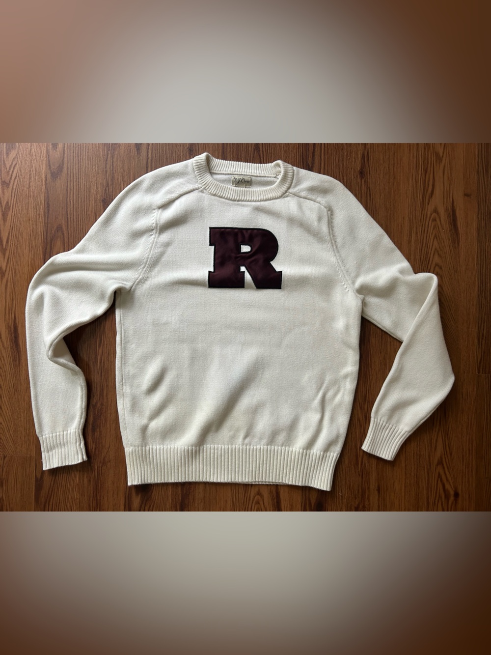 J. Crew Knit Cream Crewneck Sweater with Burgundy 'R' Patch Collegiate Preppy